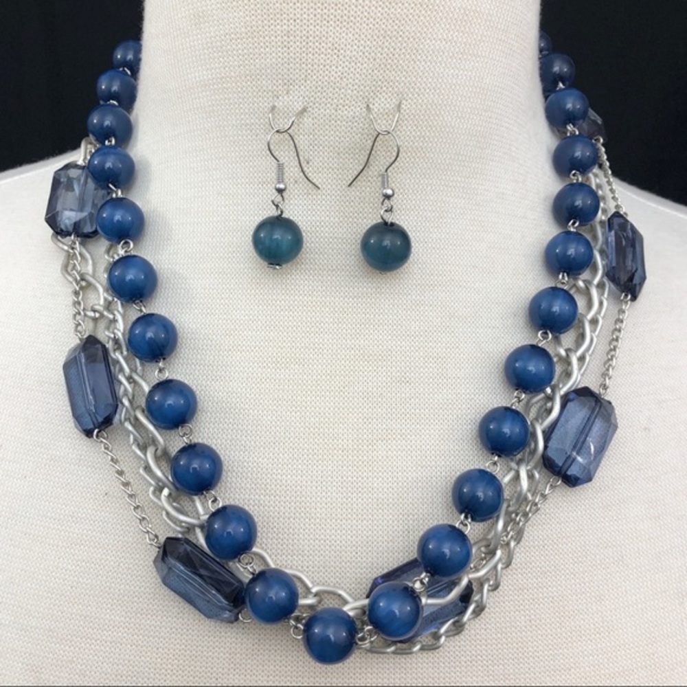 Blue Bead 4 Row Chain Necklace Earrings Set